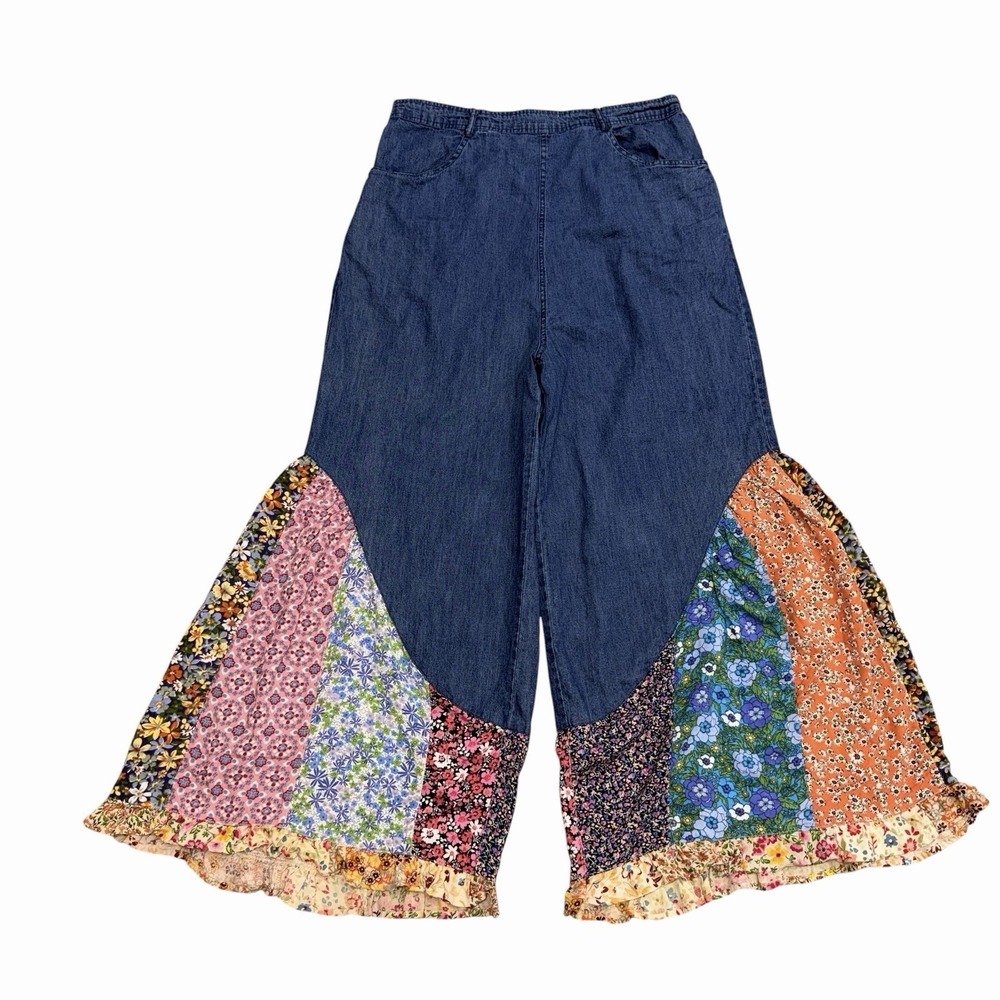Young Threads Denim Patchwork Chambray Wide Leg Pants Boho Floral Size XL